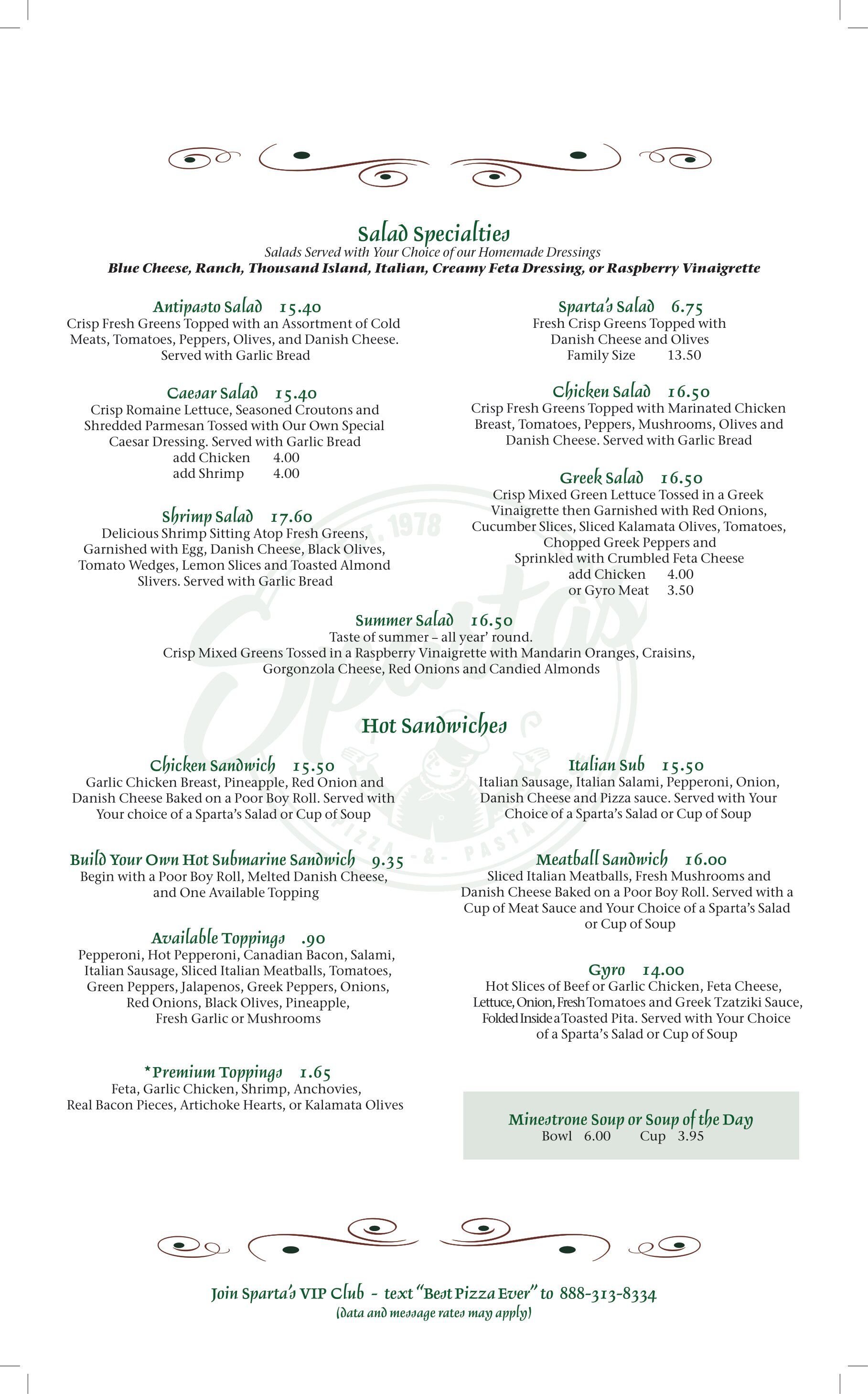 Classic Italian Pizza & Pasta Menu Sparta's Pizza & Spaghetti House